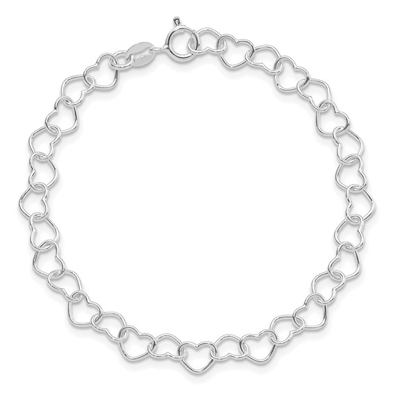 Sterling Silver Rhodium-plated 7inch Polished Fancy Heart Link Bracelet