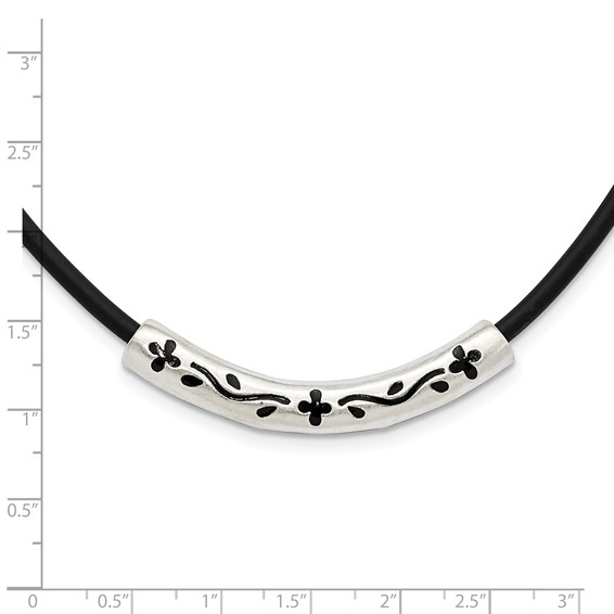 Sterling Silver Enameled & Satin Floral Bar on Black Rubber Cord Necklace