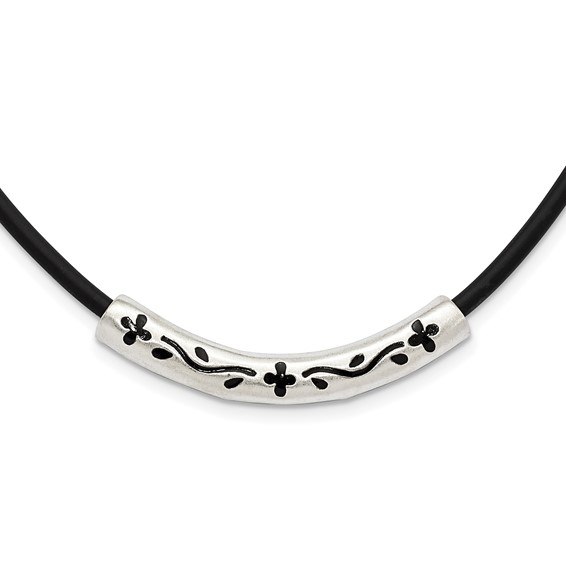 Sterling Silver Enameled & Satin Floral Bar on Black Rubber Cord Necklace