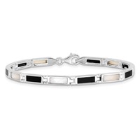 Sterling Silver Rhodium-plated Rectangle Onyx and Mother of Pearl Bracelet, 7" view 3
