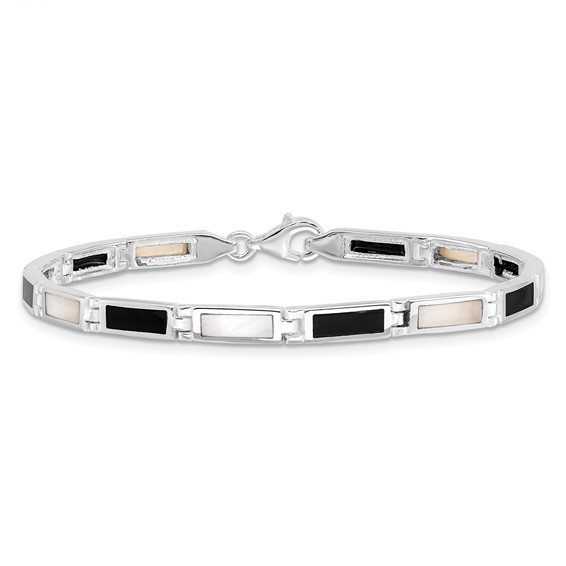 Sterling Silver Rhodium-plated 7in Onyx/Mother Of Pearl Bracelet