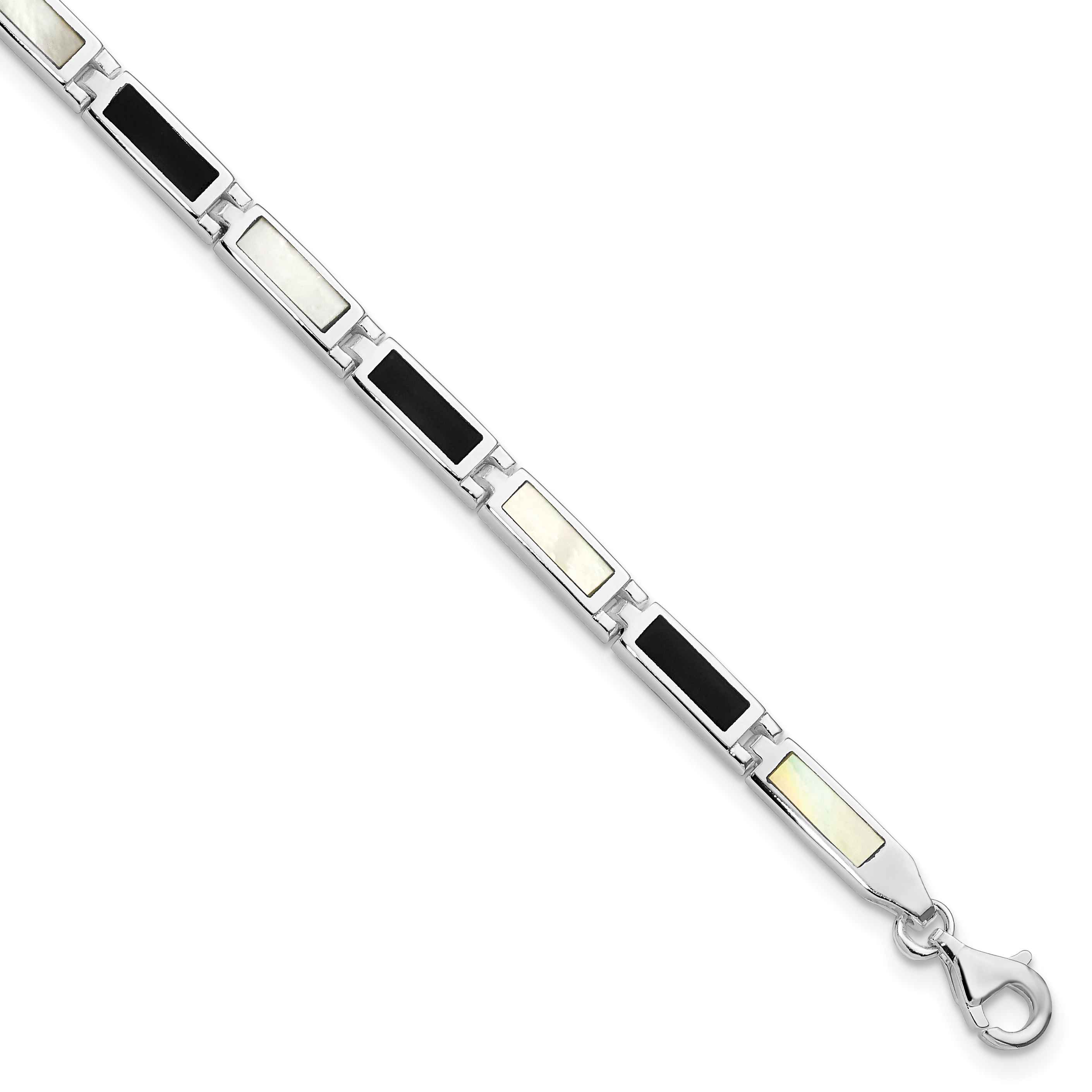 Sterling Silver Rhodium-plated 7in Onyx/Mother Of Pearl Bracelet (QH383-7)