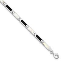 Sterling Silver Rhodium-plated Rectangle Onyx and Mother of Pearl Bracelet, 7" view 1