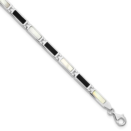Sterling Silver Rhodium-plated Rectangle Onyx and Mother of Pearl Bracelet, 7"