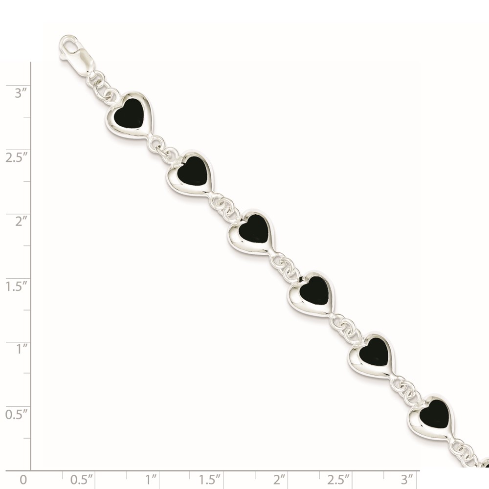 Sterling Silver Rhodium-plated 7inch Fancy Polished Heart Onyx Bracelet (QH387-7)