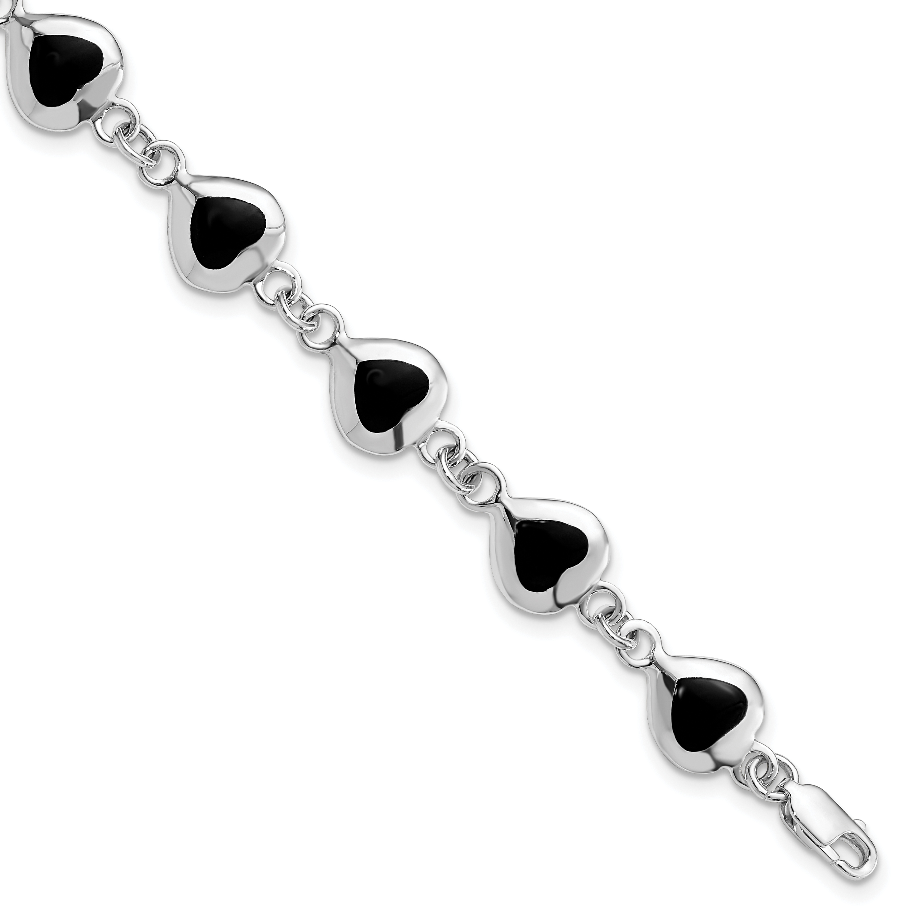 Sterling Silver Rhodium-plated 7inch Fancy Polished Heart Onyx Bracelet (QH387-7)