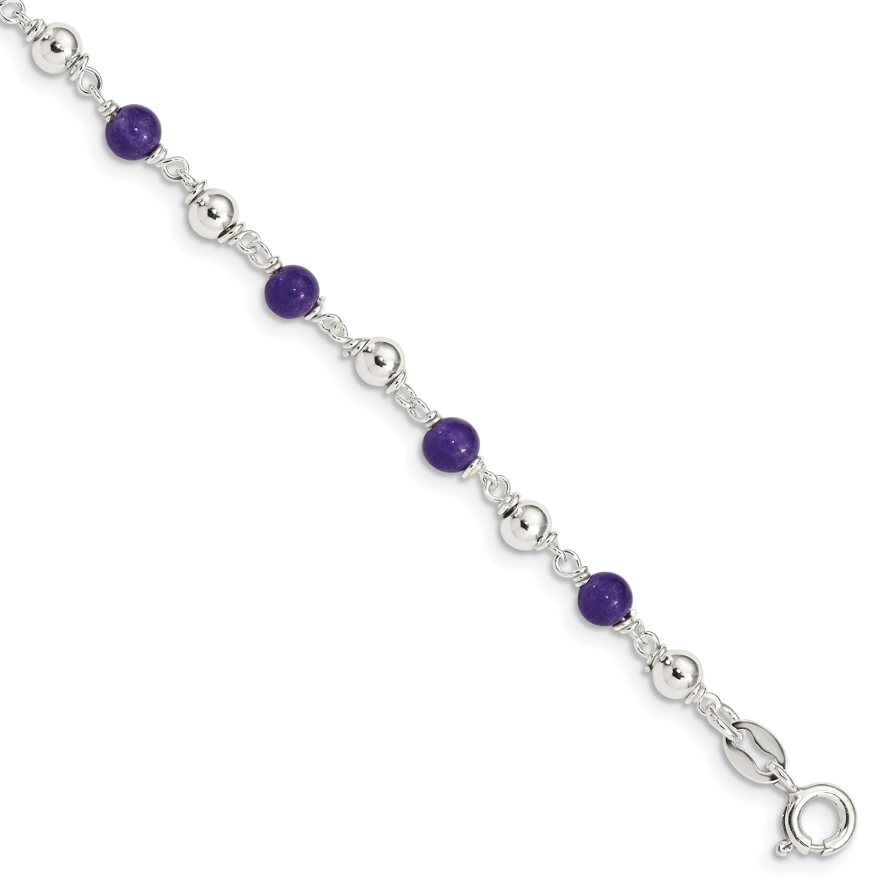 Sterling Silver 7inch Polished Amethyst Beaded Bracelet (QH419-7)