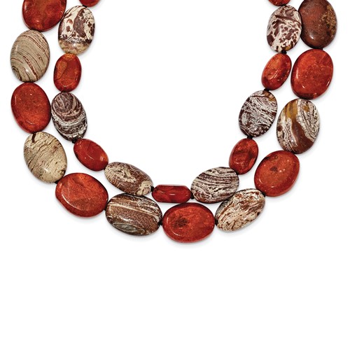 Sterling Silver Carnelian Reconstituted Coral Red Zebra Jasper 2-Strand Necklace, 26"