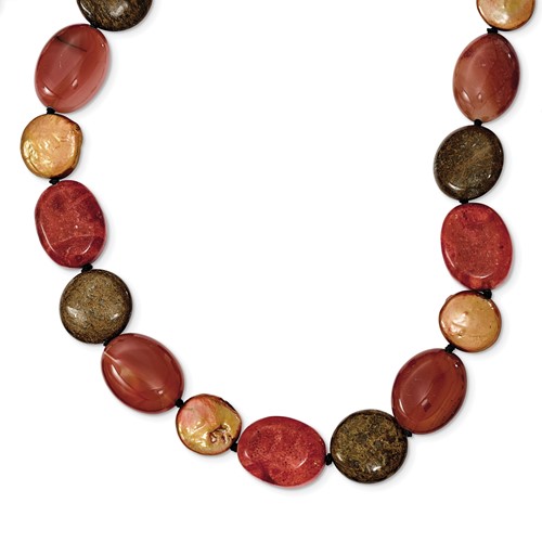 Sterling Silver Tiger Eye Carnelian Reconstituted Coral Bronzite Freshwater Cultured Pearl Necklace, 18"