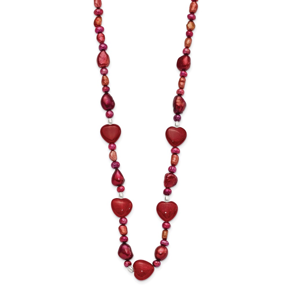 Sterling Silver Red Jade Hearts/FW Cultured Pearl Necklace (QH4558-17)