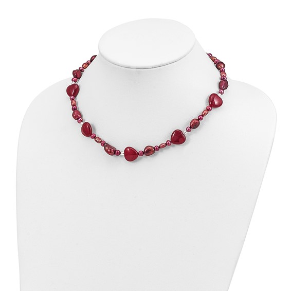 Sterling Silver Red Jade Hearts/FW Cultured Pearl Necklace