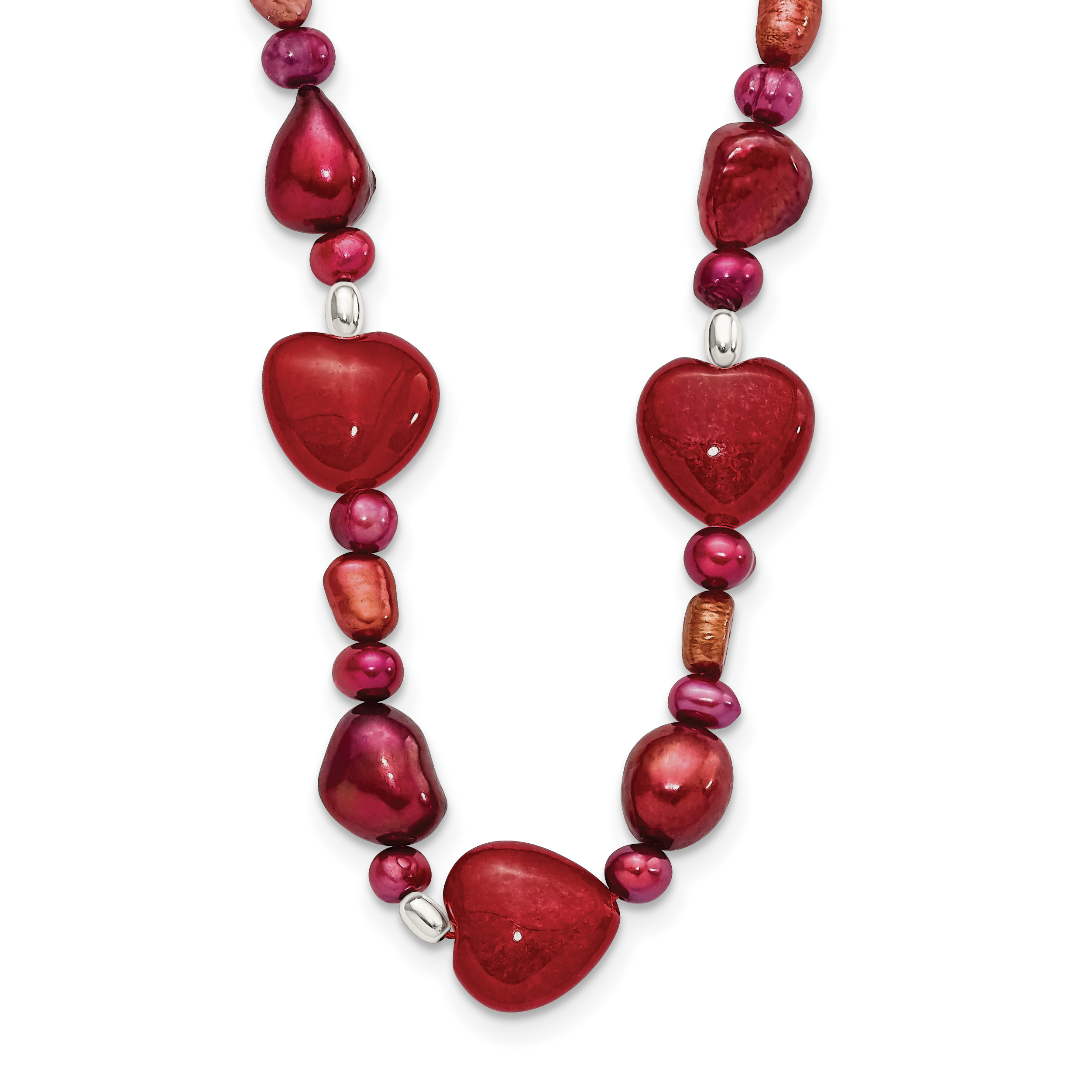 Sterling Silver Red Jade Hearts/FW Cultured Pearl Necklace (QH4558-17)