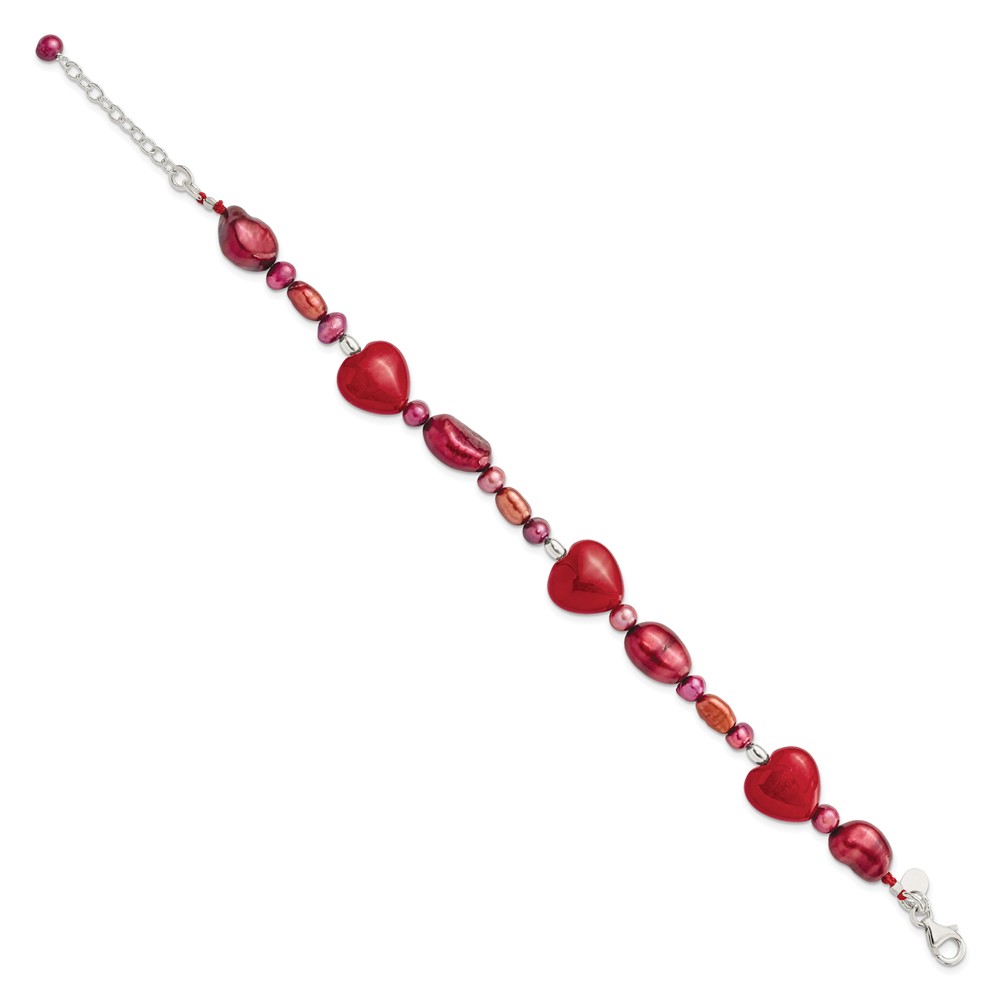 Sterling Silver Red Jade Hearts/FW Cultured Pearl Bracelet (QH4558-7.5)