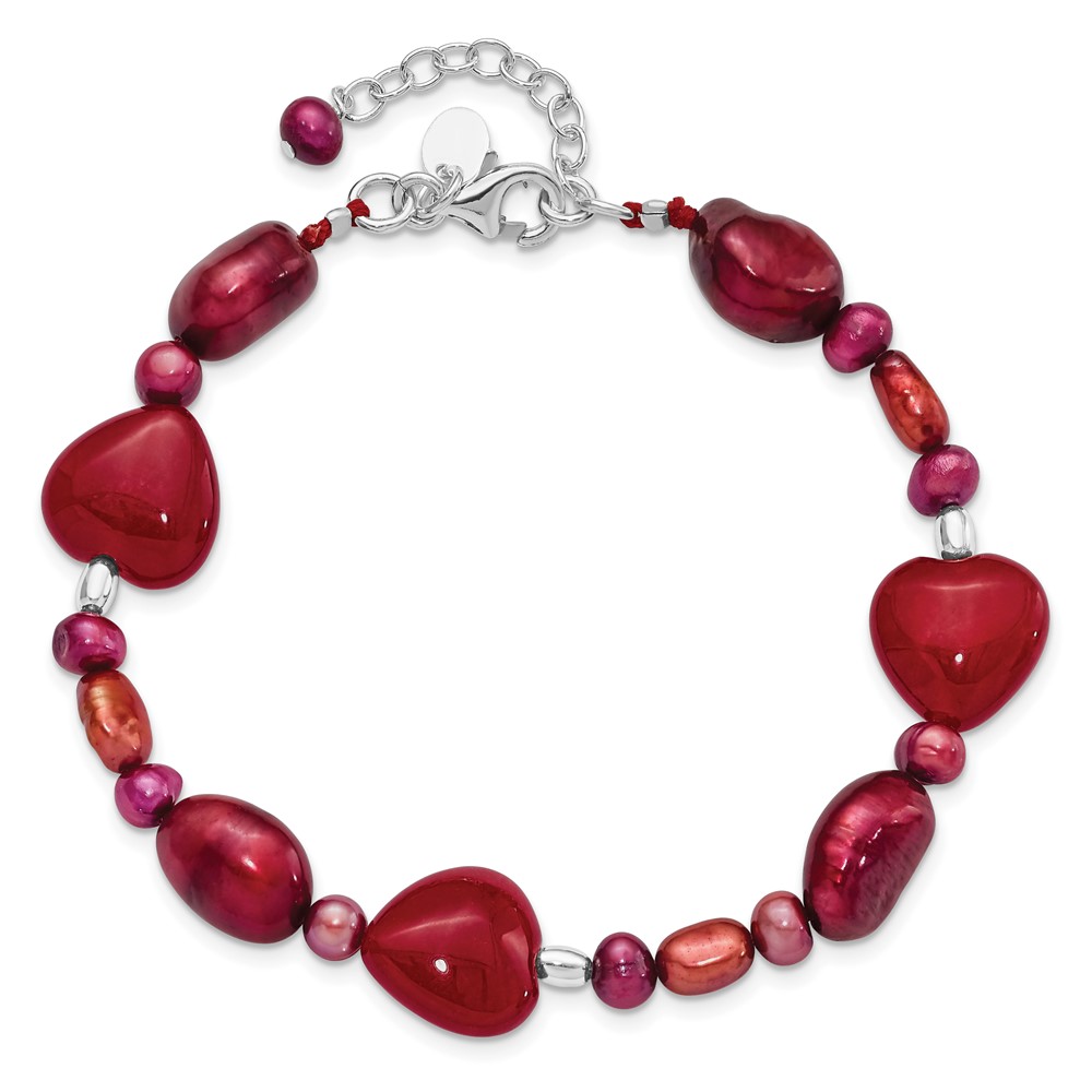 Sterling Silver Red Jade Hearts/FW Cultured Pearl Bracelet (QH4558-7.5)