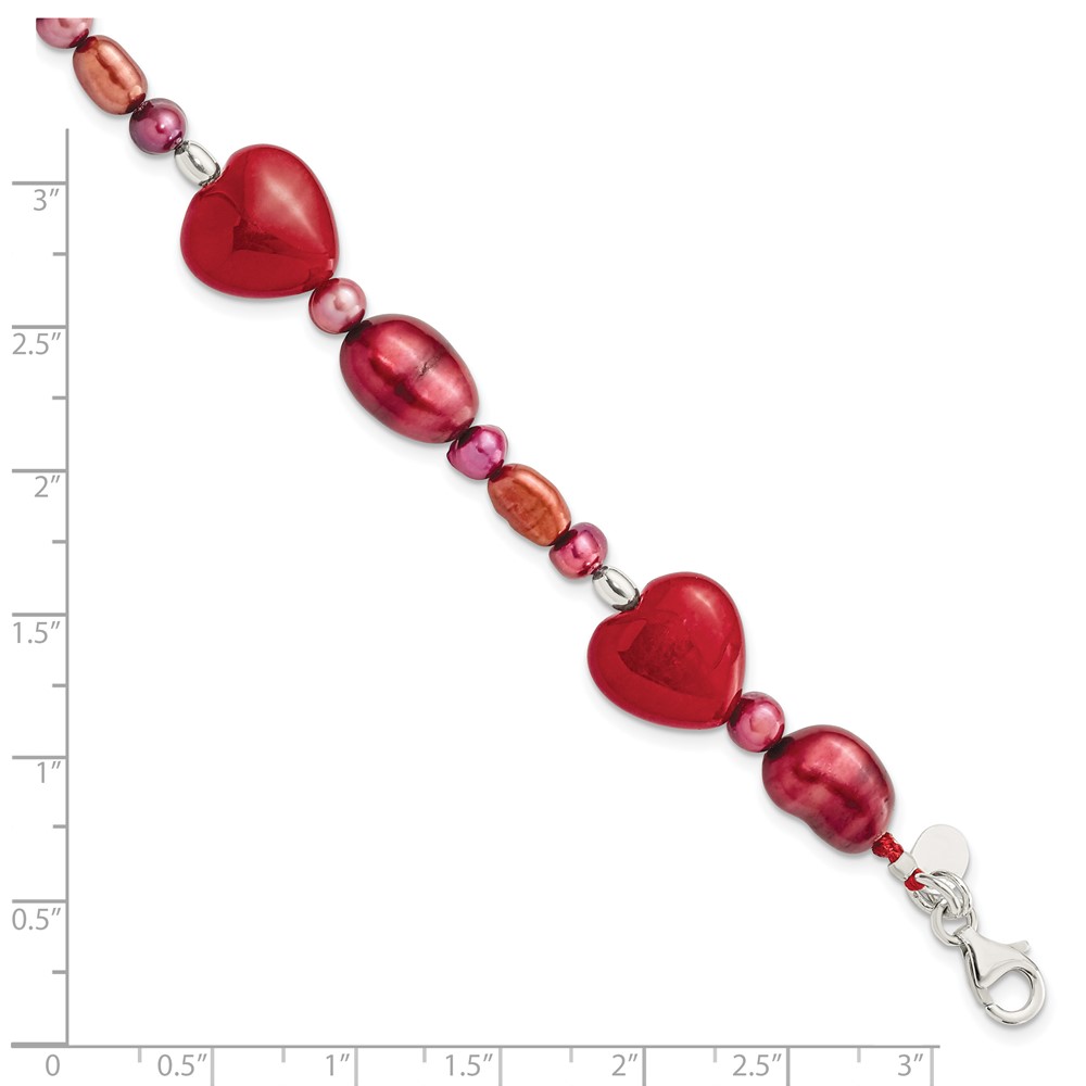 Sterling Silver Red Jade Hearts/FW Cultured Pearl Bracelet (QH4558-7.5)