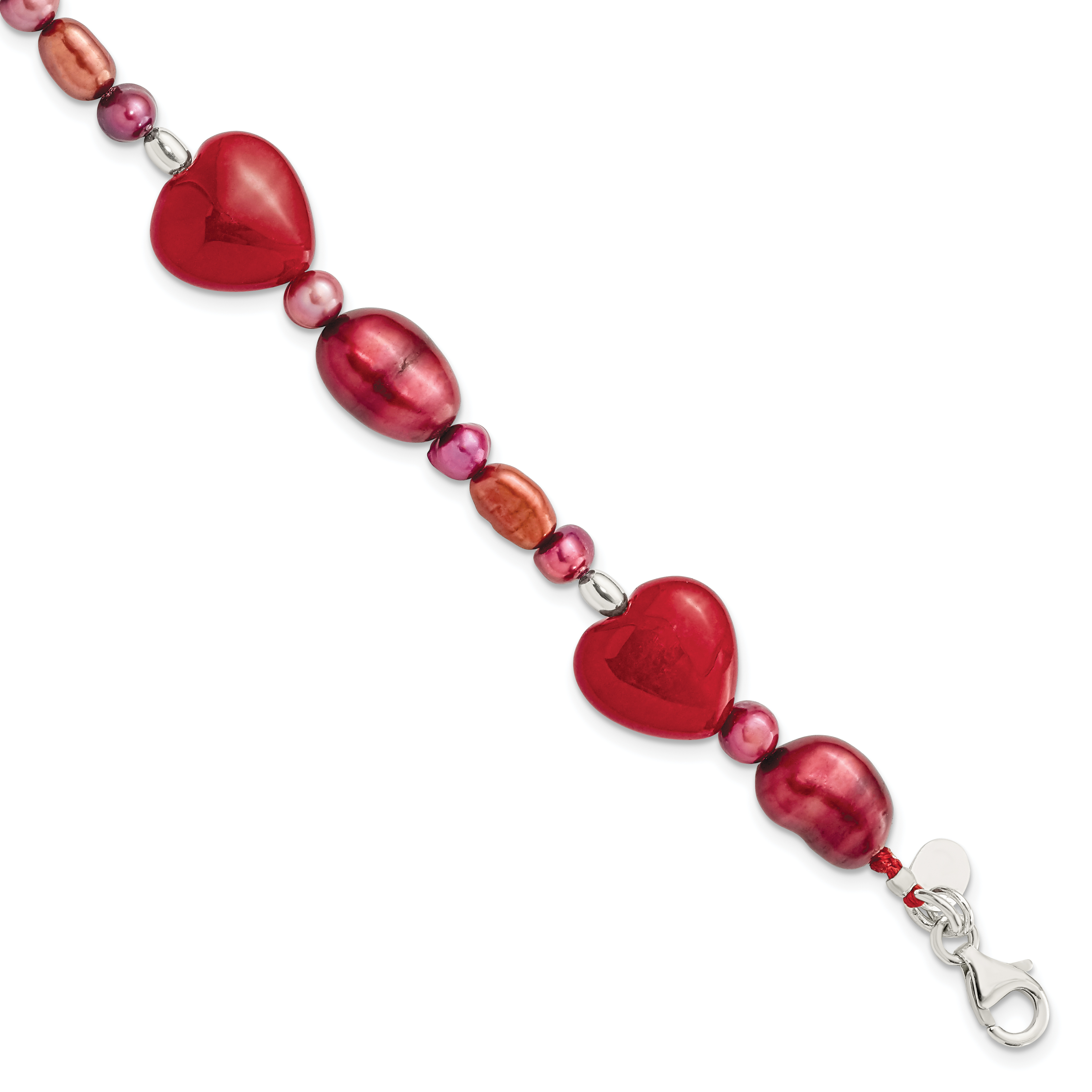 Sterling Silver Red Jade Hearts/FW Cultured Pearl Bracelet (QH4558-7.5)