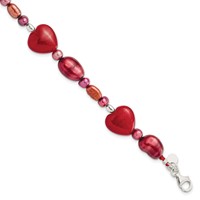 Sterling Silver Red Jade Hearts and Freshwater Cultured Pearl Bracelet with 1 Inch Extension, 7.5" view 1