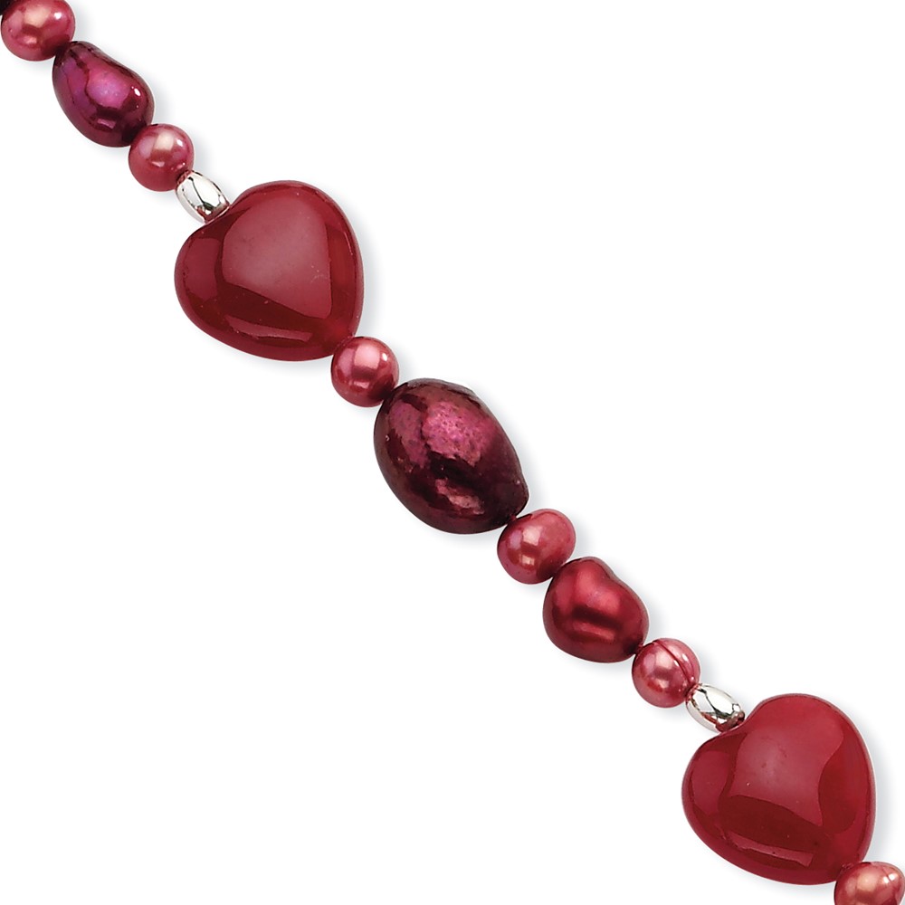 Sterling Silver Red Jade Hearts/FW Cultured Pearl Bracelet (QH4558-7.5)