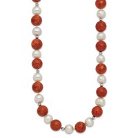 Sterling Silver Rhodium-plated 7-8mm Freshwater Cultured Pearl and Stabilized Red Coral Beads Necklace, 18" view 2