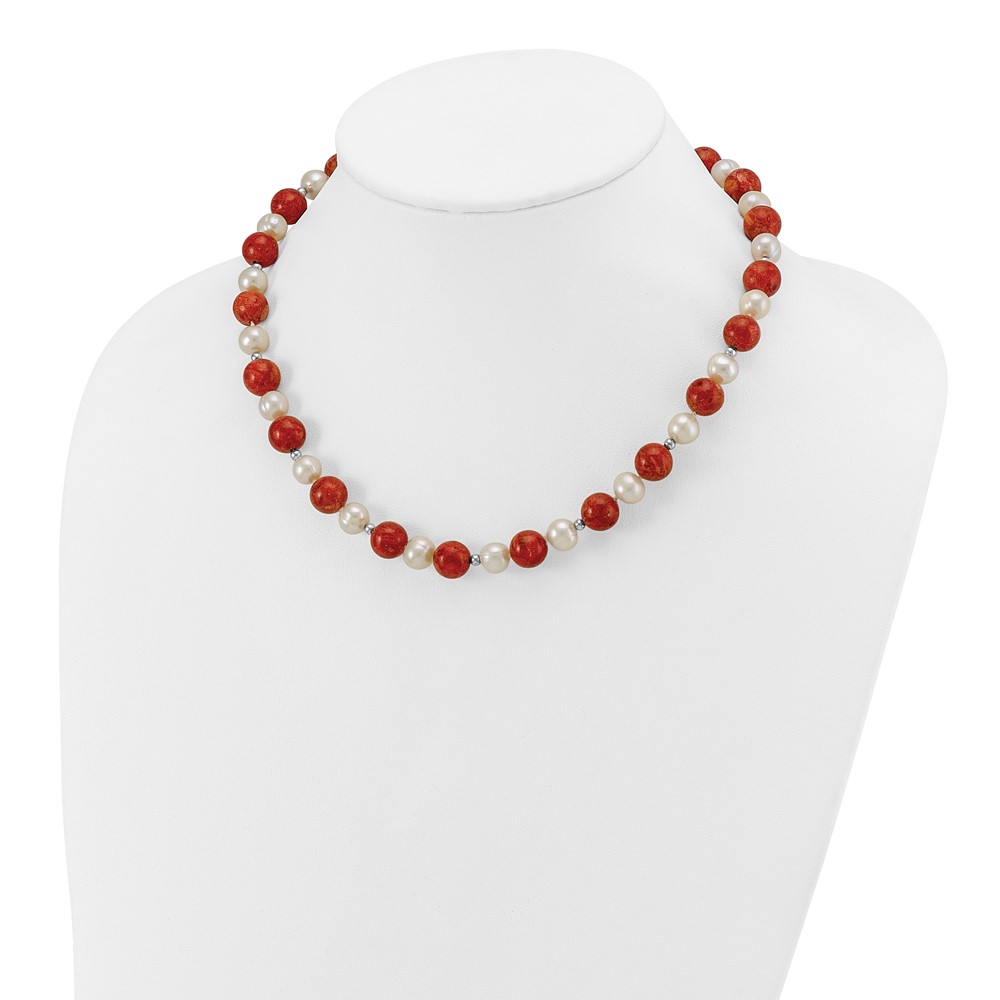 Sterling Silver Rhod-pltd FWC Pearl / Stabilized Red Coral Necklace (QH4561-18)