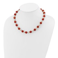 Sterling Silver Rhodium-plated 7-8mm Freshwater Cultured Pearl and Stabilized Red Coral Beads Necklace, 18" view 4
