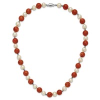 Sterling Silver Rhodium-plated 7-8mm Freshwater Cultured Pearl and Stabilized Red Coral Beads Necklace, 18" view 5