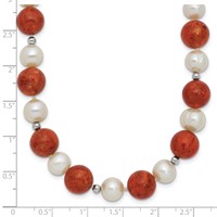 Sterling Silver Rhodium-plated 7-8mm Freshwater Cultured Pearl and Stabilized Red Coral Beads Necklace, 18" view 3