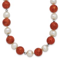 Sterling Silver Rhodium-plated 7-8mm Freshwater Cultured Pearl and Stabilized Red Coral Beads Necklace, 18" view 1