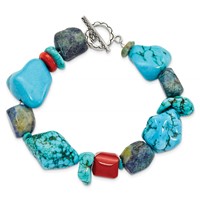 Sterling Silver Red Coral Howlite Lapis Turquoise Bracelet, 8" view 4