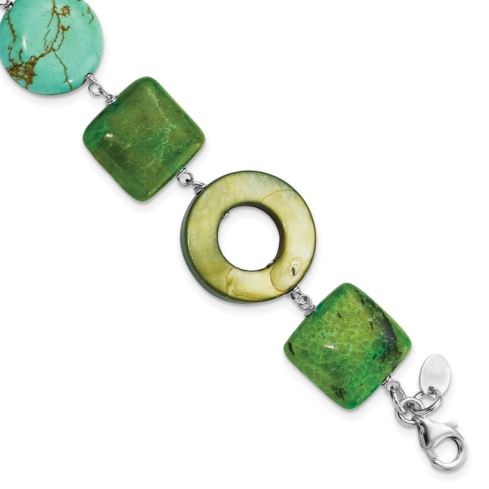 Sterling Silver Chrysocolla, Dyed Howlite & Dyed Mother of Pearl Bracelet with Ext, 1.5"