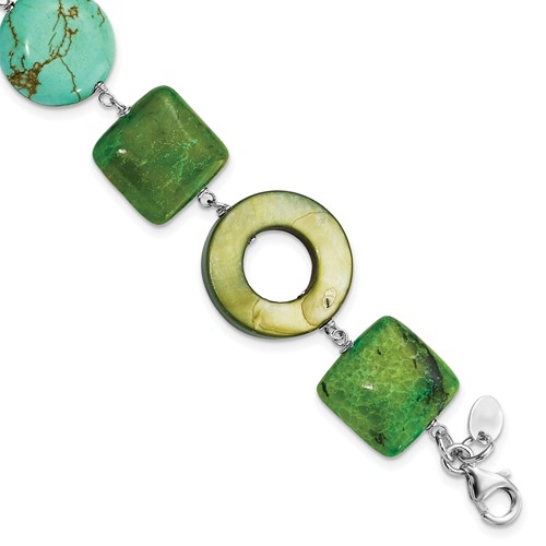 Sterling Silver Chrysocolla, Dyed Howlite & Dyed Mother of Pearl Bracelet with Ext, 1.5"