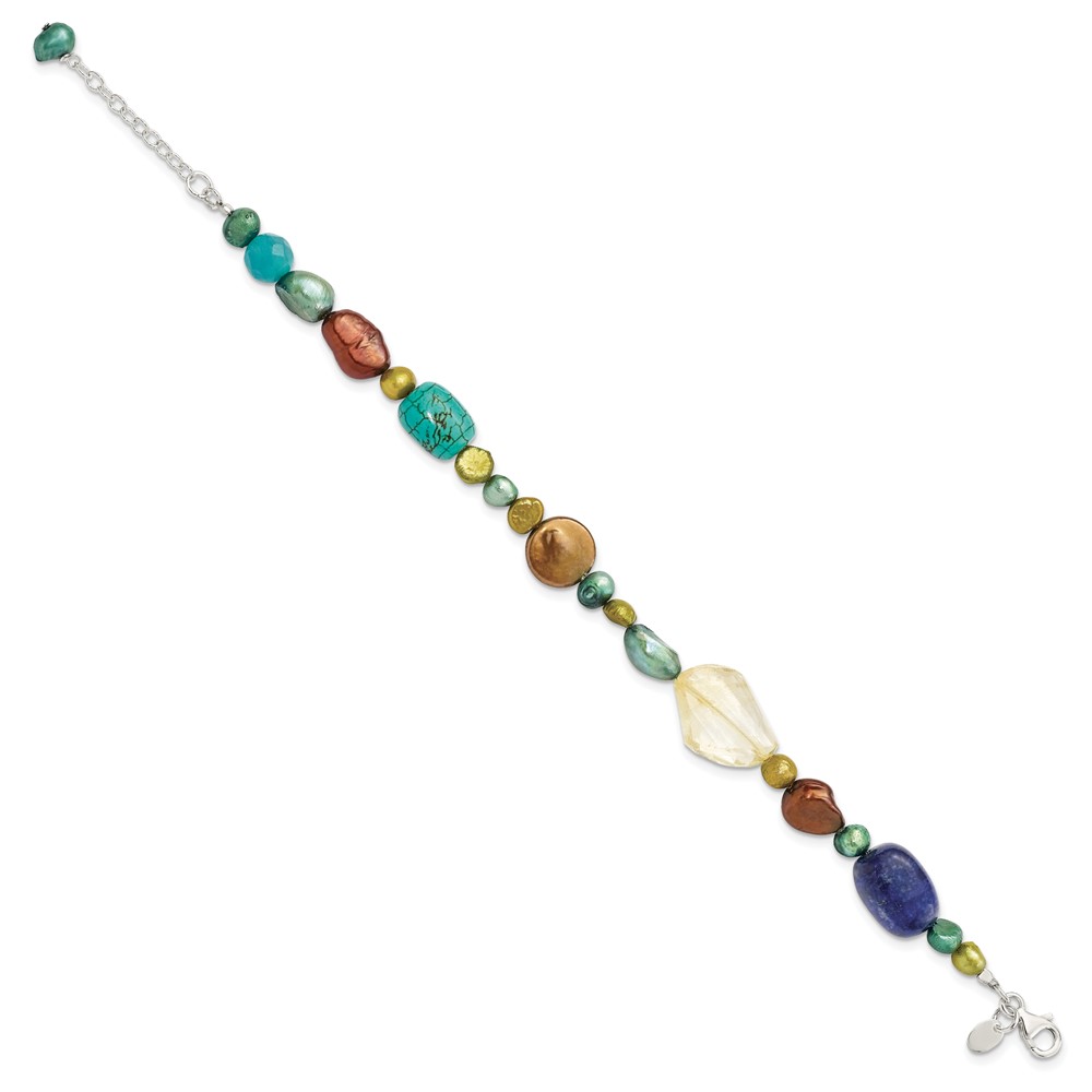 Sterling Silver Citrine/Lapis/Dyed Howlite/FW Cultured Pearl Bracelet (QH4580-7.5)