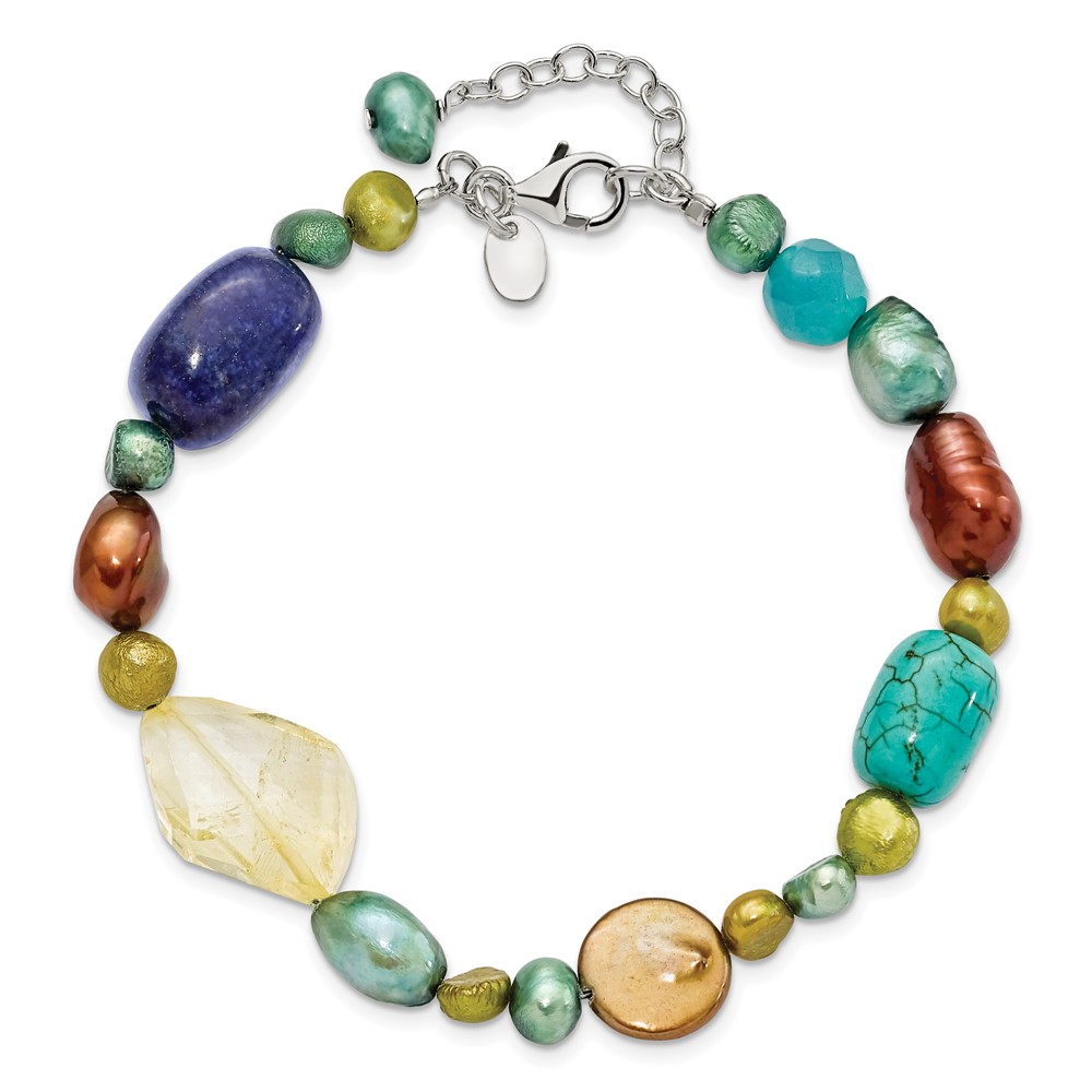 Sterling Silver Citrine/Lapis/Dyed Howlite/FW Cultured Pearl Bracelet (QH4580-7.5)