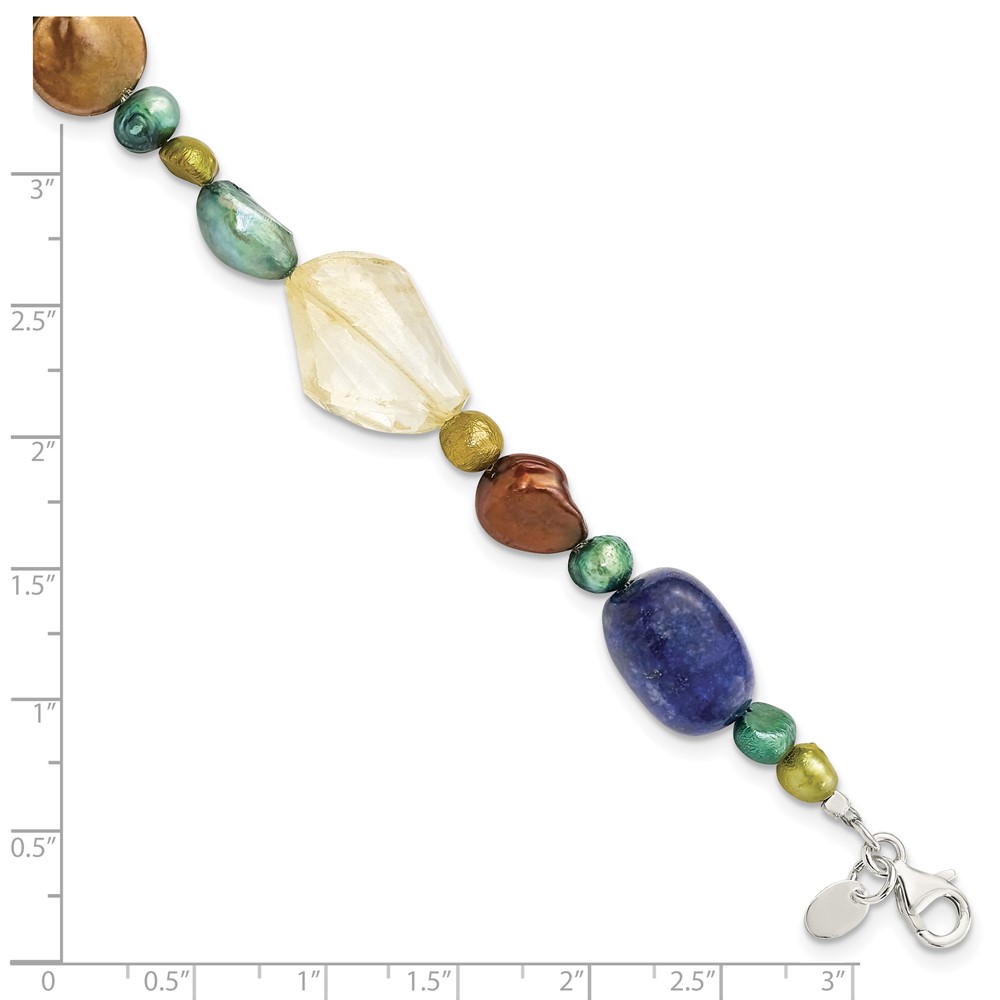 Sterling Silver Citrine/Lapis/Dyed Howlite/FW Cultured Pearl Bracelet (QH4580-7.5)