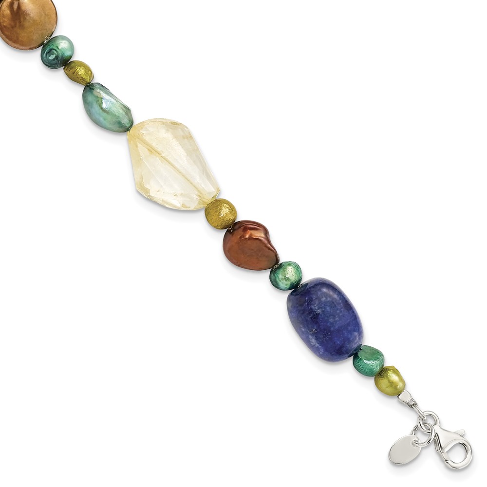 Sterling Silver Citrine/Lapis/Dyed Howlite/FW Cultured Pearl Bracelet (QH4580-7.5)