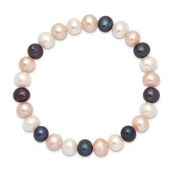 "8-9mm White, Peach and Black Near-Round Freshwater Cultured Pearl Stretch Bracelet"