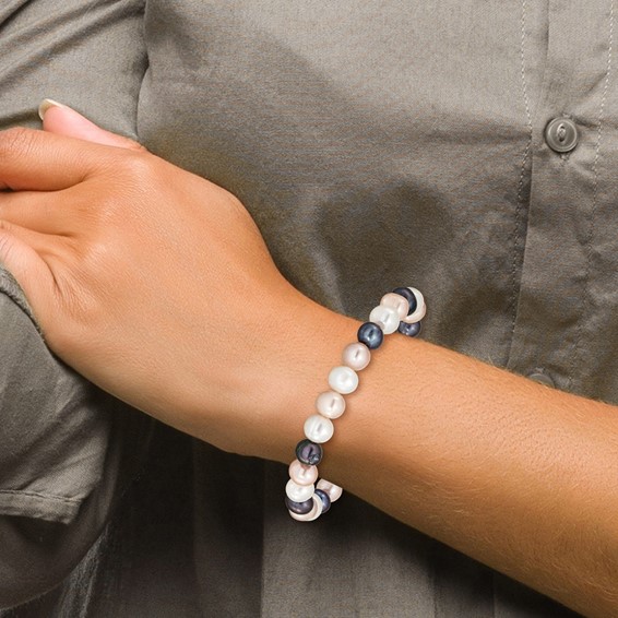 "8-9mm White, Peach and Black Near-Round Freshwater Cultured Pearl Stretch Bracelet"
