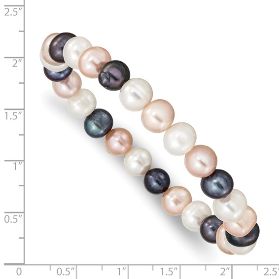 "8-9mm White, Peach and Black Near-Round Freshwater Cultured Pearl Stretch Bracelet"