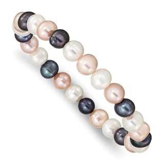 "8-9mm White, Peach and Black Near-Round Freshwater Cultured Pearl Stretch Bracelet"