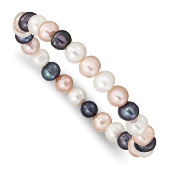 "8-9mm White, Peach and Black Near-Round Freshwater Cultured Pearl Stretch Bracelet"