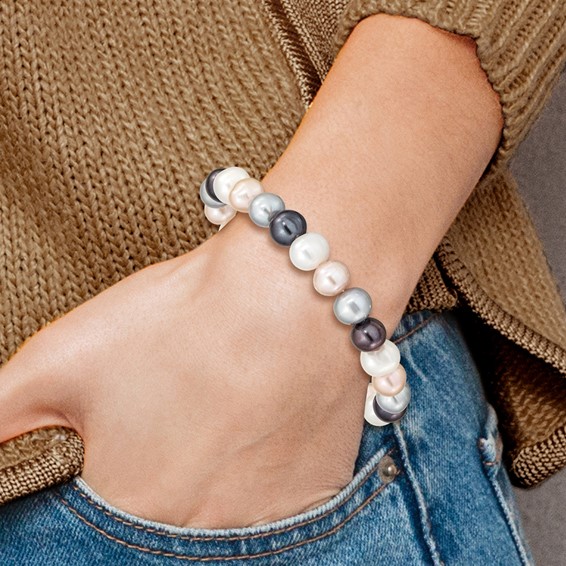 "8-9mm White, Platinum, Peach and Black Near-Round Freshwater Cultured Pearl Stretch Bracelet"