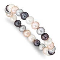8-9mm White Grey Peach Black Near-Round Freshwater Cultured Pearl Stretch Bracelet view 1