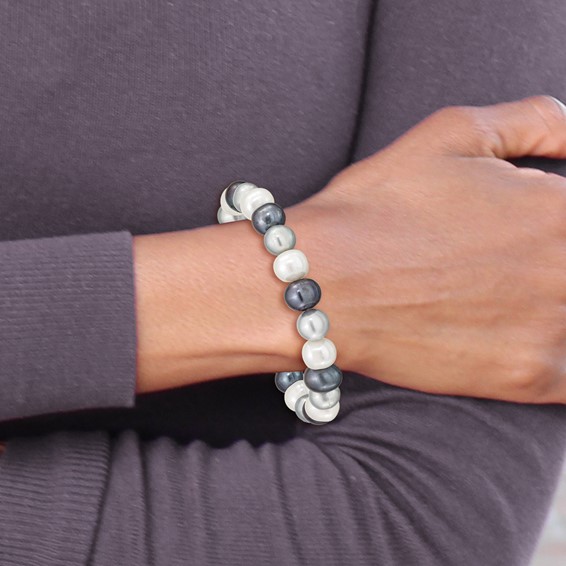 "8-9mm White, Platinum and Black Near-Round Freshwater Cultured Pearl Stretch Bracelet"