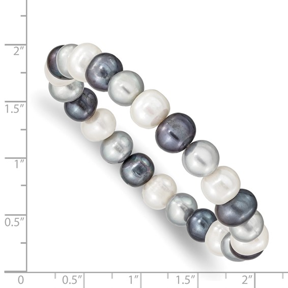 "8-9mm White, Platinum and Black Near-Round Freshwater Cultured Pearl Stretch Bracelet"