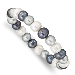 "8-9mm White, Platinum and Black Near-Round Freshwater Cultured Pearl Stretch Bracelet"