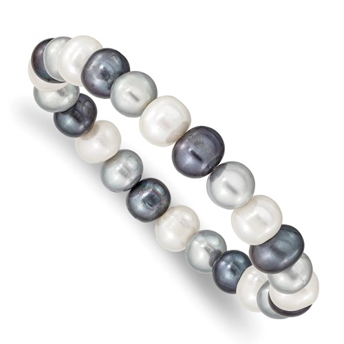 8-9mm White Grey Black Near-Round Freshwater Cultured Pearl Stretch Bracelet