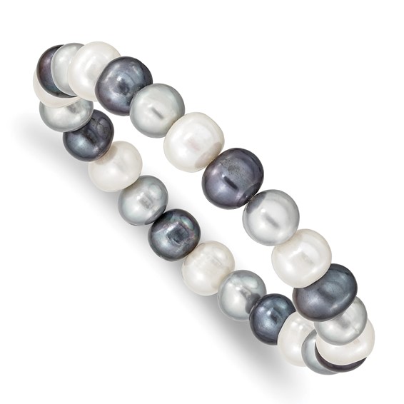 "8-9mm White, Platinum and Black Near-Round Freshwater Cultured Pearl Stretch Bracelet"