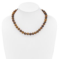 10-10.5mm Smooth Beaded Tiger Eye Necklace with Sterling Silver Rhodium-plated Clasp, 18" view 3