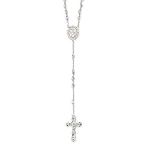 Sterling Silver Polished Beaded Rosary Necklace, 18"