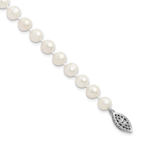Sterling Silver Rhodium-plated 6-7mm White Near-Round Freshwater Cultured Pearl Bracelet, 7.25"